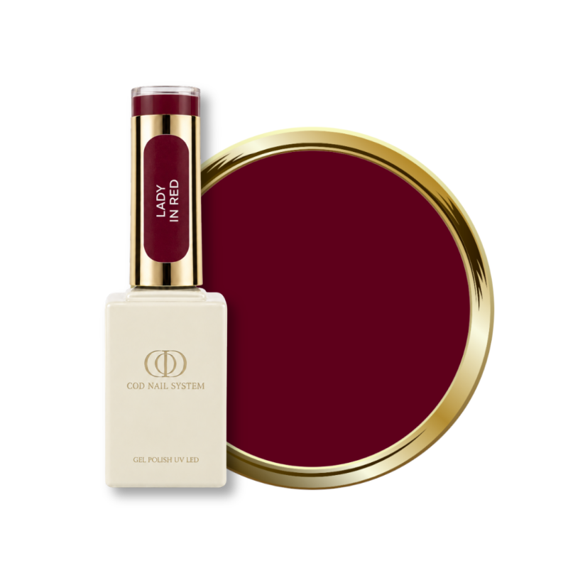 Flacon et pastille du vernis semi permanent Lady In Red, rouge rose