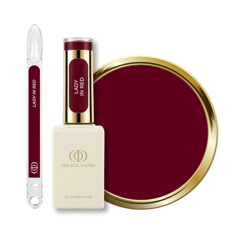 Flacon, tips et pastille du vernis semi permanent Lady In Red, rouge rose