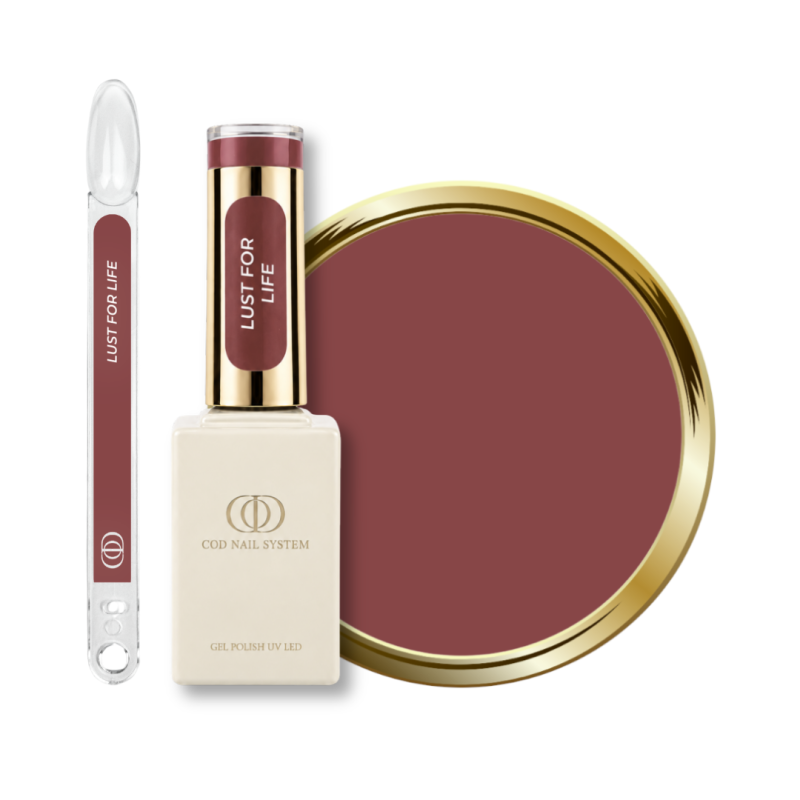 Flacon, tips et pastille du vernis semi permanent Lust For Life, violet marroné