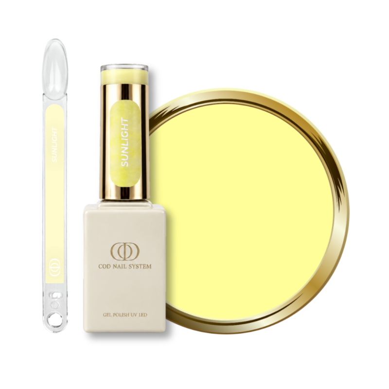 Flacon, tips et pastille du vernis semi permanent Sunlight, jaune pastel