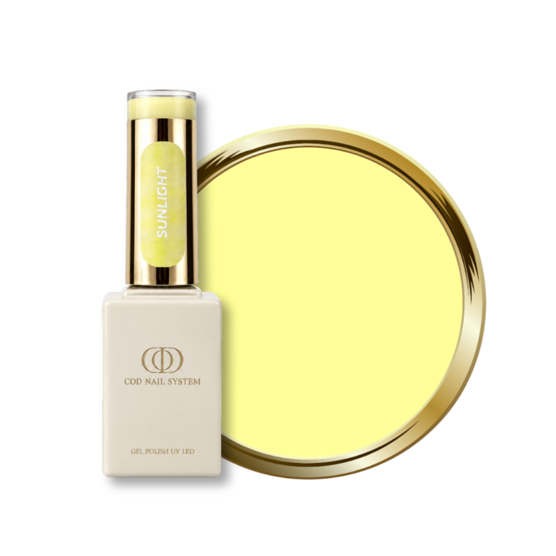 Flacon et pastille du vernis semi permanent Sunlight, jaune pastel