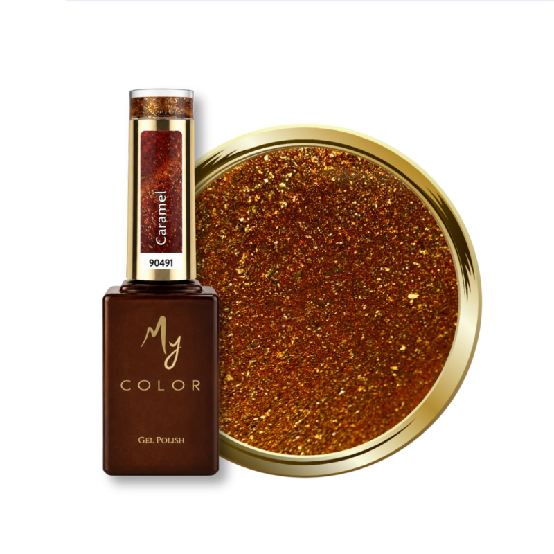 Flacon et pastille du vernis semi permanent Cat Eye Caramel, marron caramel cuivré pailleté
