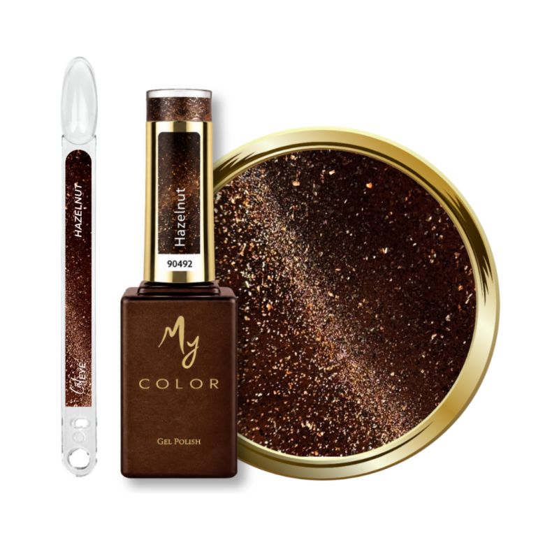 Flacon, tips et pastille du vernis semi permanent Cat Eye Hazelnut, brun noisette profond