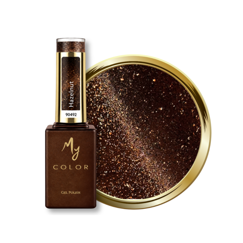 Flacon et pastille du vernis semi permanent Cat Eye Hazelnut, brun noisette profond