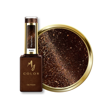 Flacon et pastille du vernis semi permanent Cat Eye Hazelnut, brun noisette profond