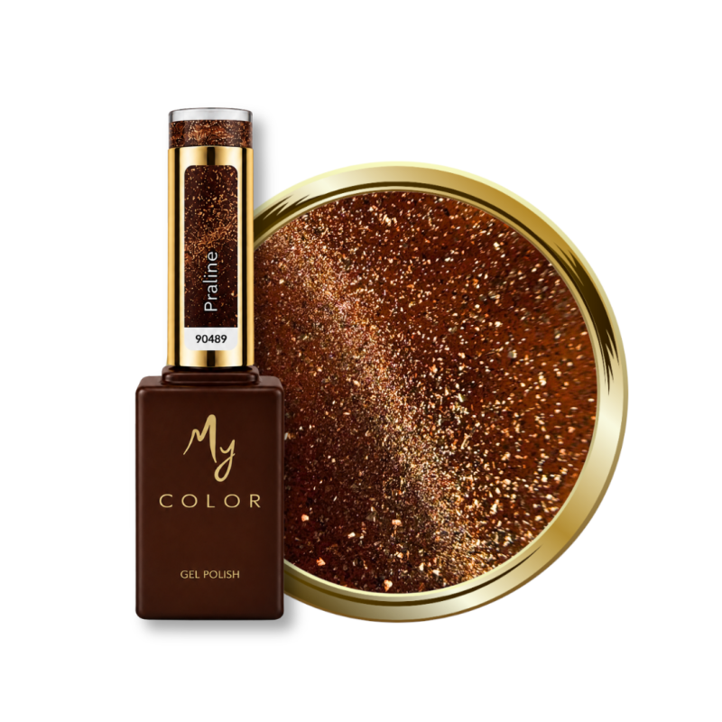 Flacon et pastille du vernis semi permanent Cat Eye Praline, brun praline chaud