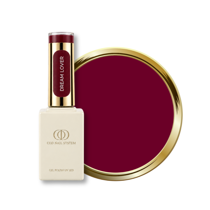 Flacon et pastille du vernis semi permanent Dream Lover, rouge cerise