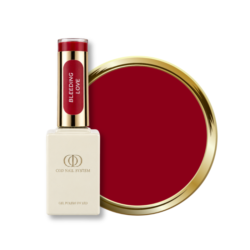 Flacon et pastille du vernis semi permanent Bleeding Love, rouge profond