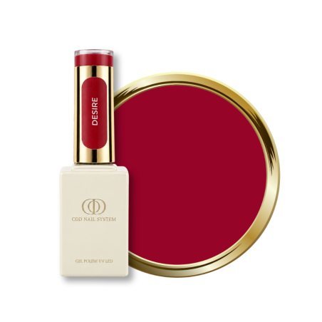 Flacon et pastille du vernis semi permanent Desire, rouge avec une pointe de rose
