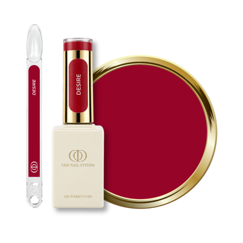 Flacon, tips et pastille du vernis semi permanent Desire, rouge avec une pointe de rose