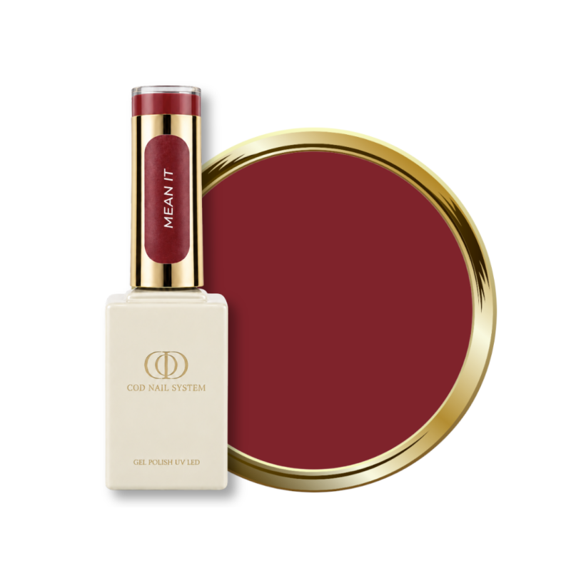 Flacon et pastille du vernis semi permanent Mean It, rouge bordeaux marroné