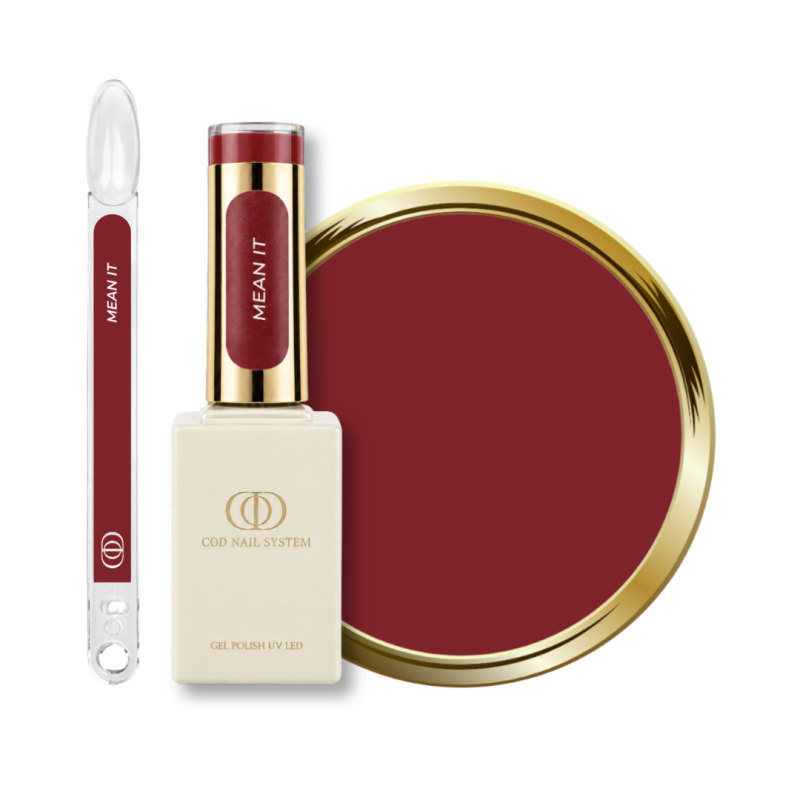 Flacon, tips et pastille du vernis semi permanent Mean It, rouge bordeaux marroné