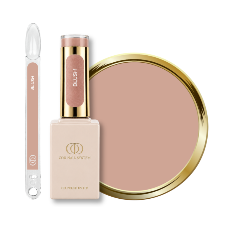 Flacon, tips et pastille du vernis semi permanent Blush, beige rosé