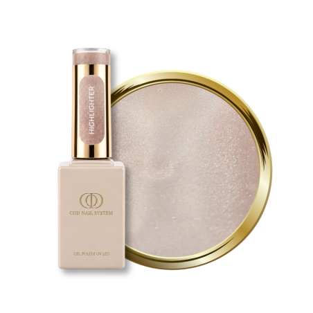 Flacon et pastille du vernis semi permanent Cat Eye Highlighter, nude beige rosé aux reflets argentés