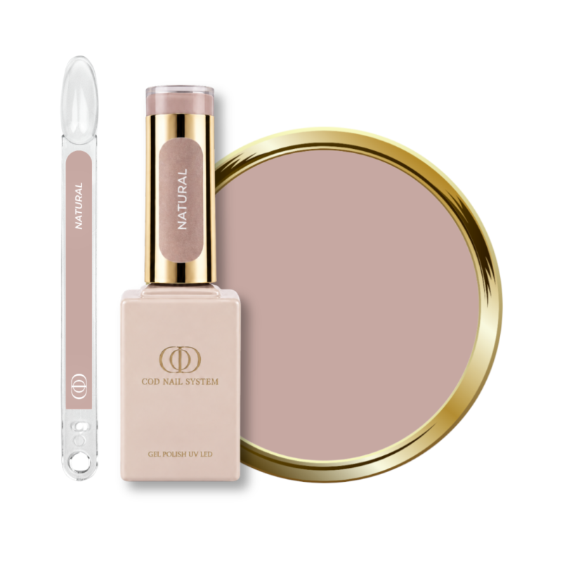 Flacon, tips et pastille du vernis semi permanent Natural, nude beige violine