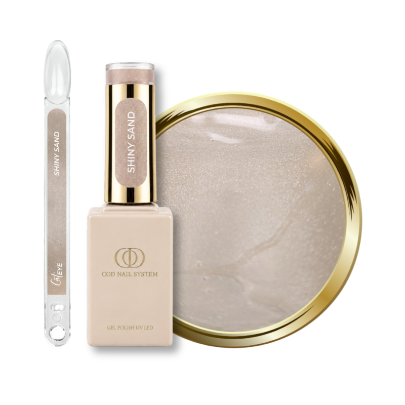 Flacon, tips et pastille du vernis semi permanent Cat Eye Shiny Sand, nude beige gris aux relfets argentés