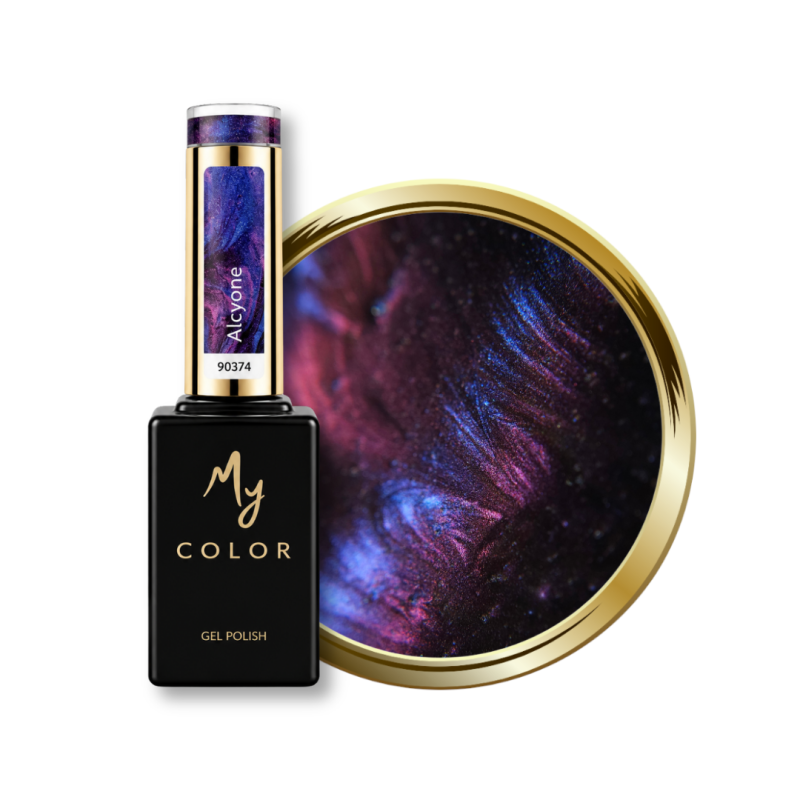 Flacon et pastille du vernis semi permanent Cat Eye Alcyone, 9D caméléon violet rosé