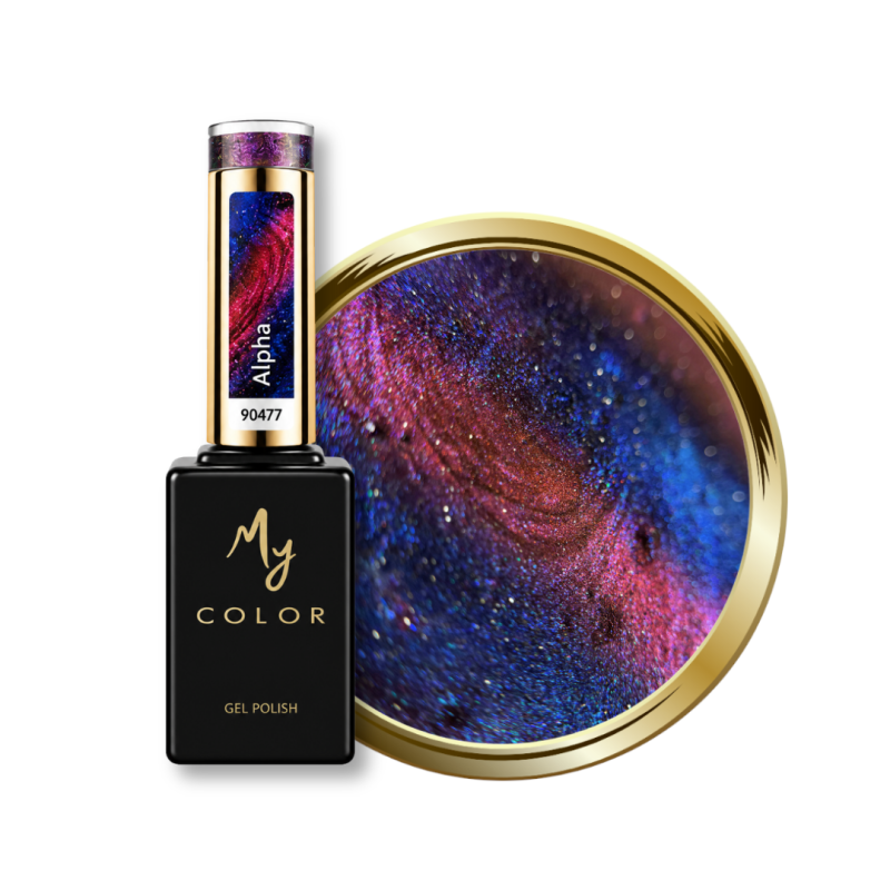 Flacon et pastille du vernis semi permanent Cat Eye Alpha, bleu violet rosé