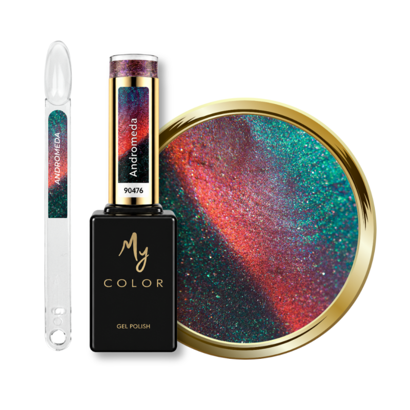 Flacon, tips et pastille du vernis semi permanent Cat Eye Andromeda, vert rouge rosé
