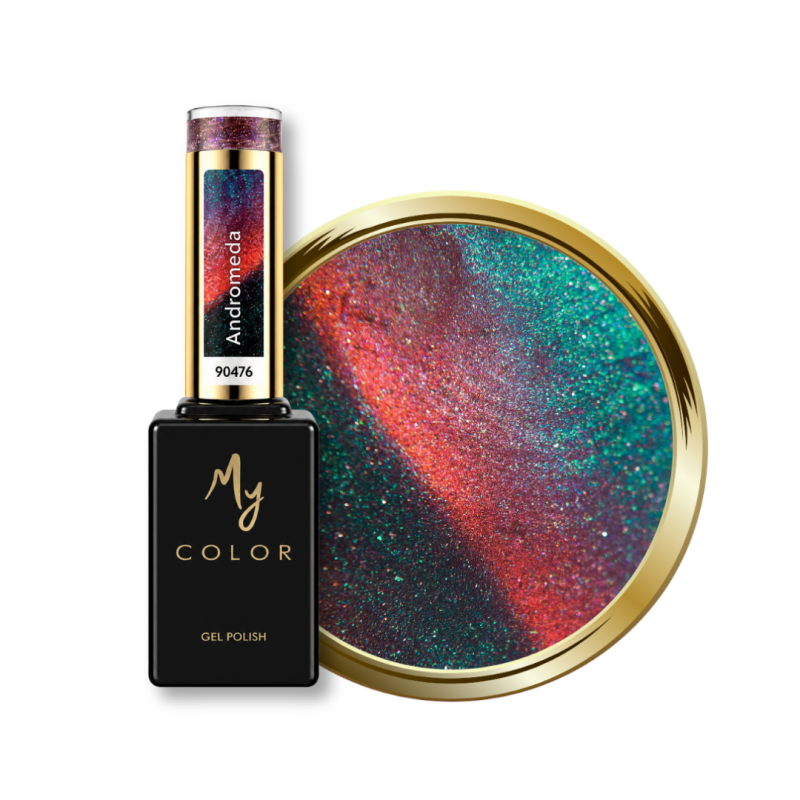 Flacon et pastille du vernis semi permanent Cat Eye Andromeda, vert rouge rosé
