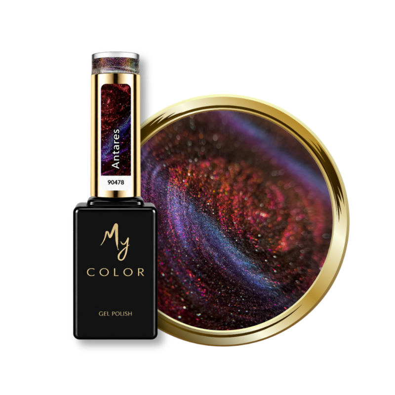 Flacon et pastille du vernis semi permanent Cat Eye Antares, rouge violet rosé