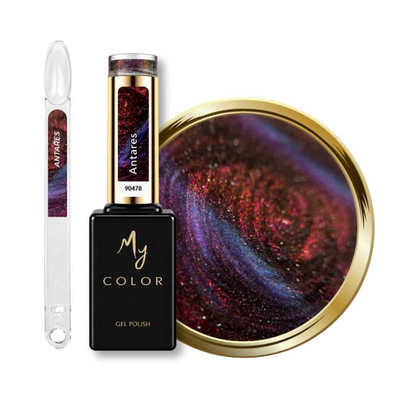 Flacon, tips et pastille du vernis semi permanent Cat Eye Antares, rouge violet rosé