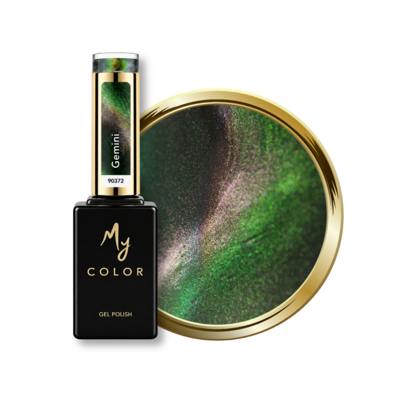 Flacon et pastille du vernis semi permanent Cat Eye Gemini, 9D caméléon rose et vert