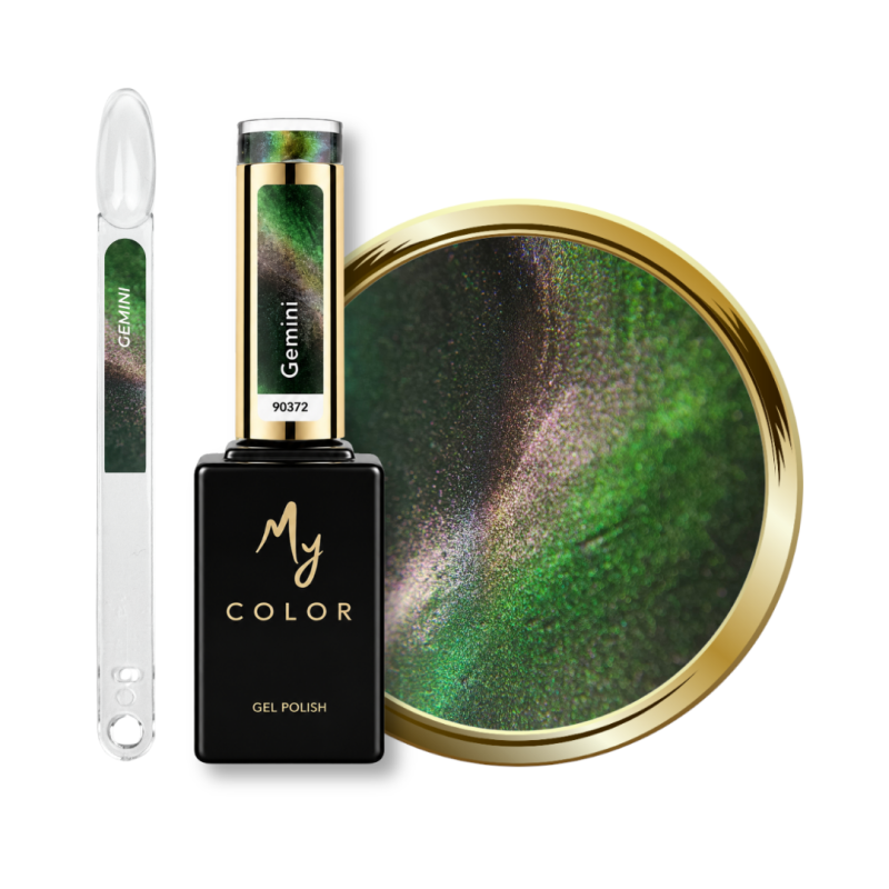 Flacon, tips et pastille du vernis semi permanent Cat Eye Gemini, 9D caméléon rose et vert