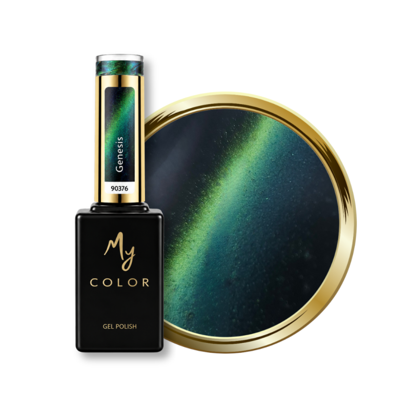 Flacon et pastille du vernis semi permanent Cat Eye Genesis, 9D caméléon vert et bleu