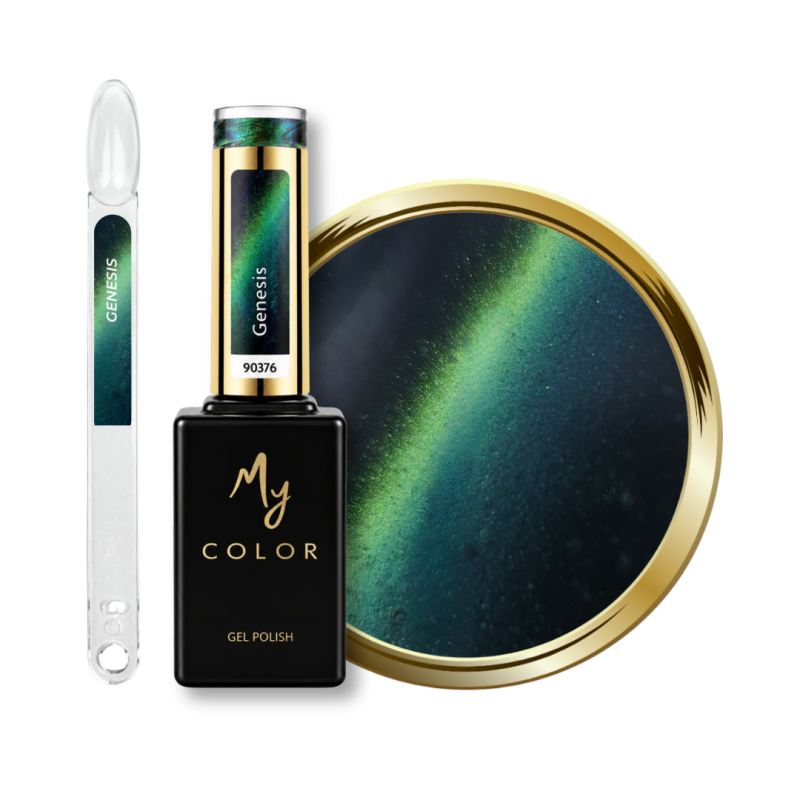 Flacon, tips et pastille du vernis semi permanent Cat Eye Genesis, 9D caméléon vert et bleu