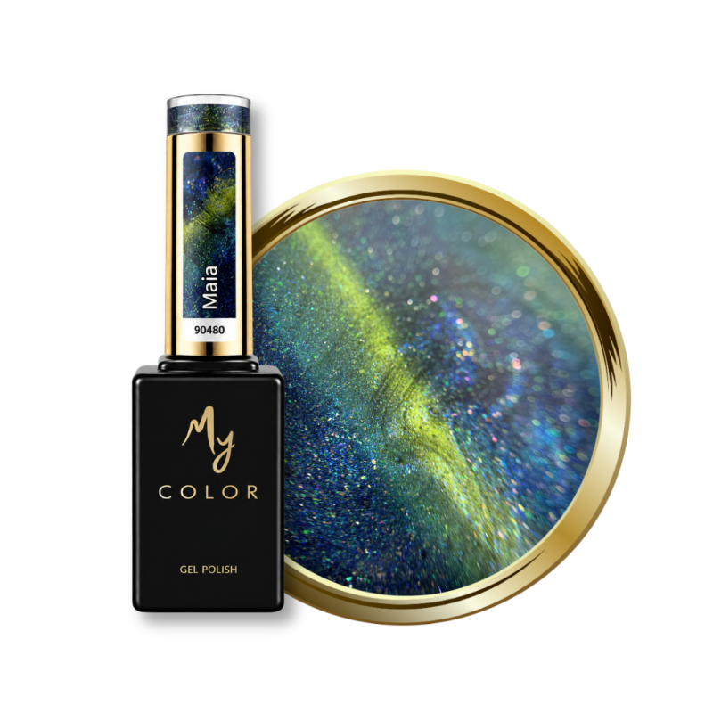 Flacon et pastille du vernis semi permanent Cat Eye Maia, vert bleu doré
