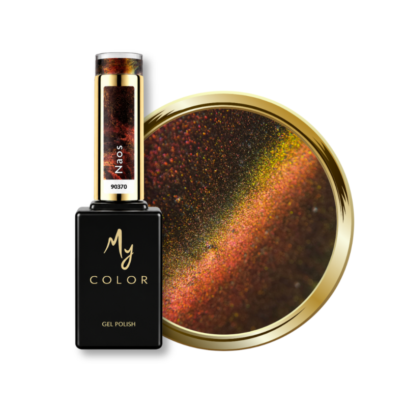 Flacon et pastille du vernis semi permanent Cat Eye Naos, 9D caméléon marron orange vert