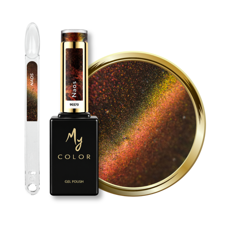 Flacon, tips et pastille du vernis semi permanent Cat Eye Naos, 9D caméléon marron orange vert