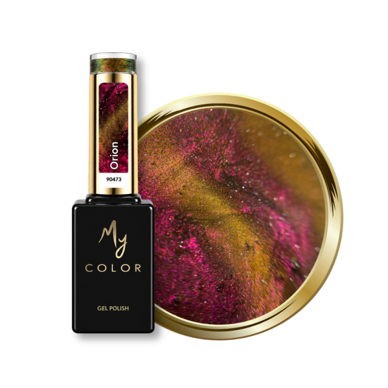 Flacon et pastille du vernis semi permanent Cat Eye Orion, doré cuivré rosé