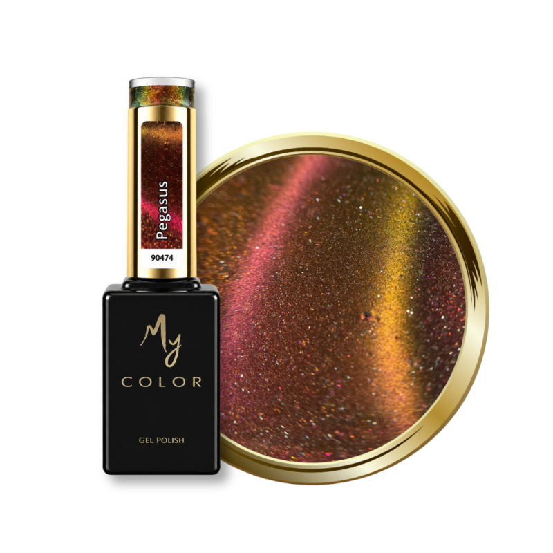 Flacon et pastille du vernis semi permanent Cat Eye Pegasus, cuivré doré rosé