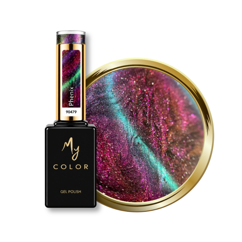 Flacon et pastille du vernis semi permanent Cat Eye Phenix, rose violet émeraude