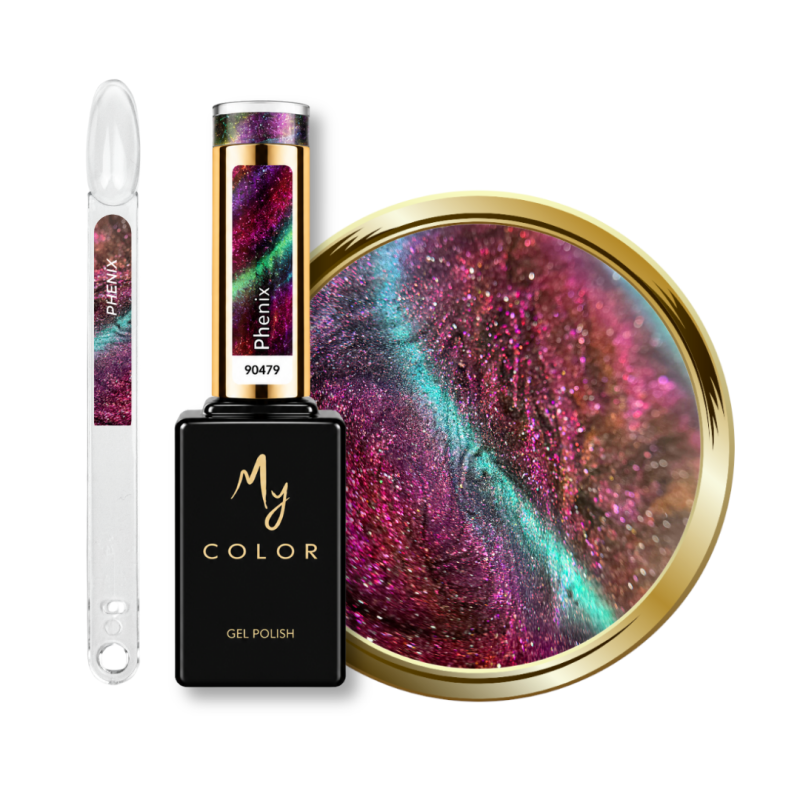 Flacon, tips et pastille du vernis semi permanent Cat Eye Phenix, rose violet émeraude