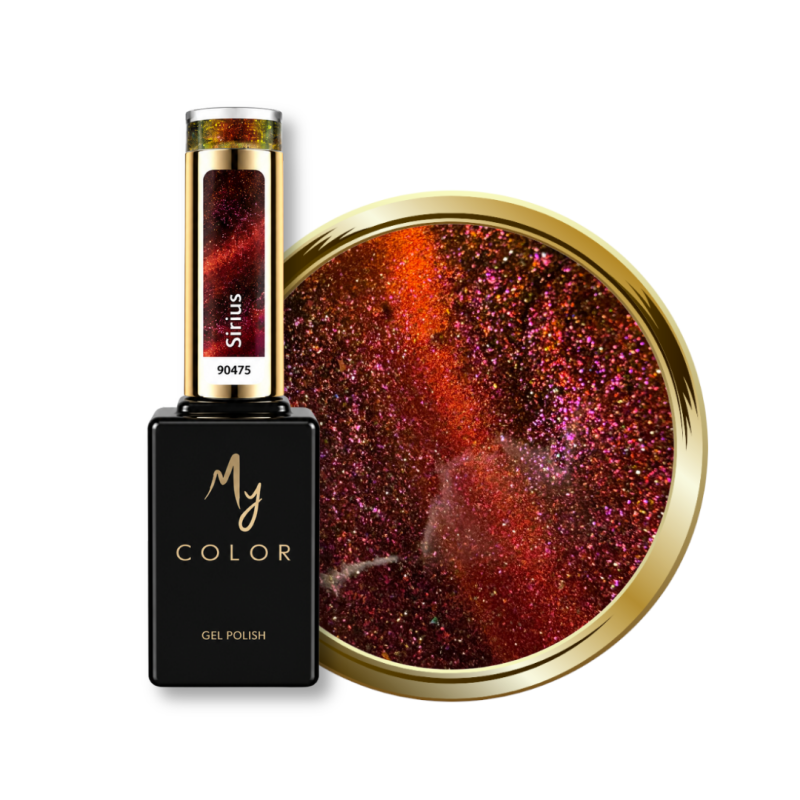 Flacon et pastille du vernis semi permanent Cat Eye Sirius, rouge cuivré
