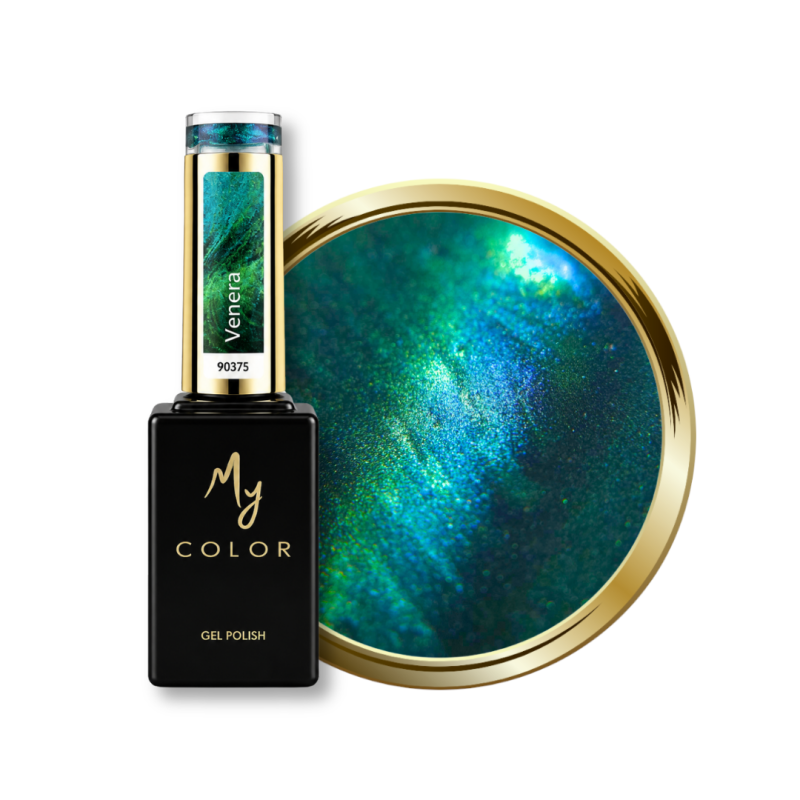 Flacon et pastille du vernis semi permanent Cat Eye Venera, 9D caméléon vert et bleu