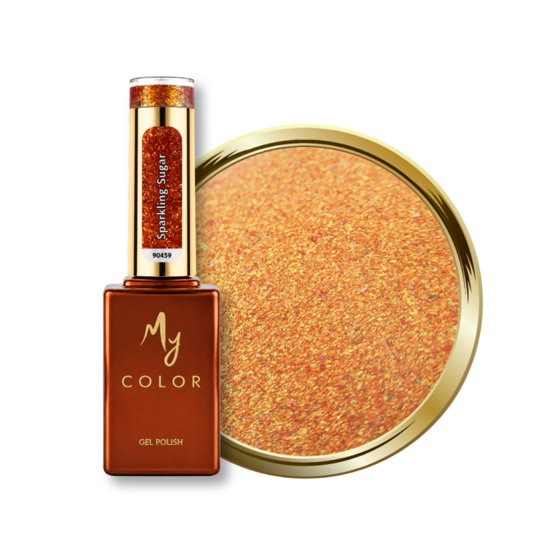 Flacon et pastille du vernis semi permanent Sparkling Sugar, mermaid orange aux reflets dorés