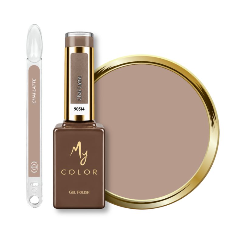 Flacon, tips et pastille du vernis semi permanent Chaï Latte, taupe