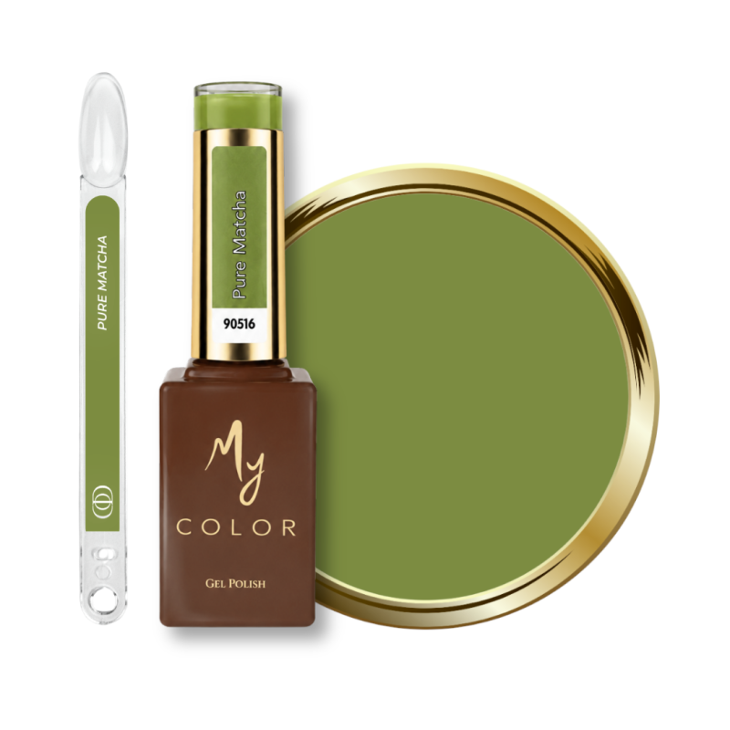 Flacon, tips et pastille du vernis semi permanent Pure Matcha, vert matcha intense