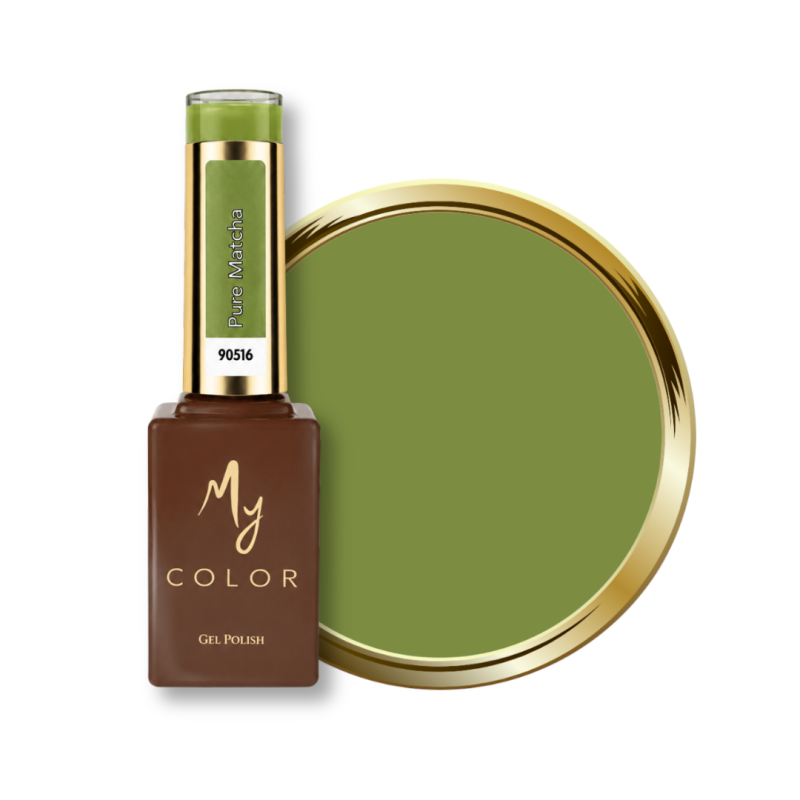 Flacon et pastille du vernis semi permanent Pure Matcha, vert matcha intense