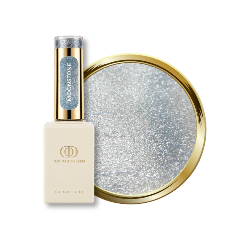 Flacon et pastille du vernis semi permanent Cat Eye Moonstone, argent réflectif