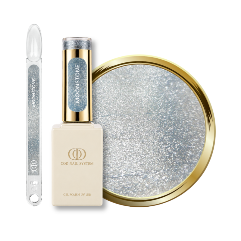 Flacon, tips et pastille du vernis semi permanent Cat Eye Moonstone, argent réflectif