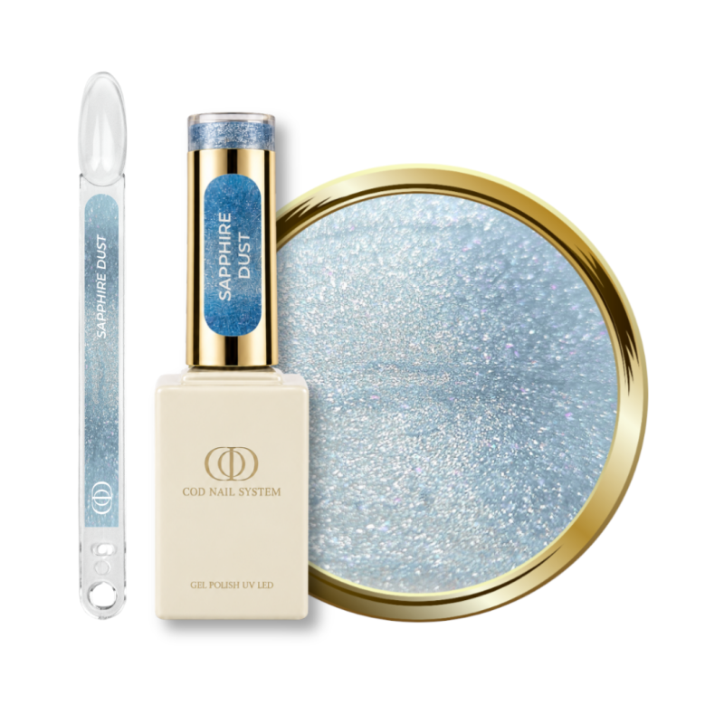 Flacon, tips et pastille du vernis semi permanent Cat Eye Sapphire Dust, pastel bleu réflectif