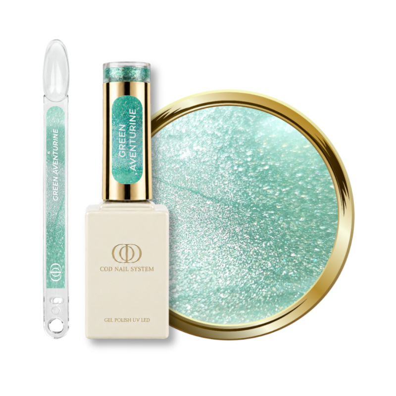 Flacon, tips et pastille du vernis semi permanent Cat Eye Green Aventurine, vert turquoise réflectif