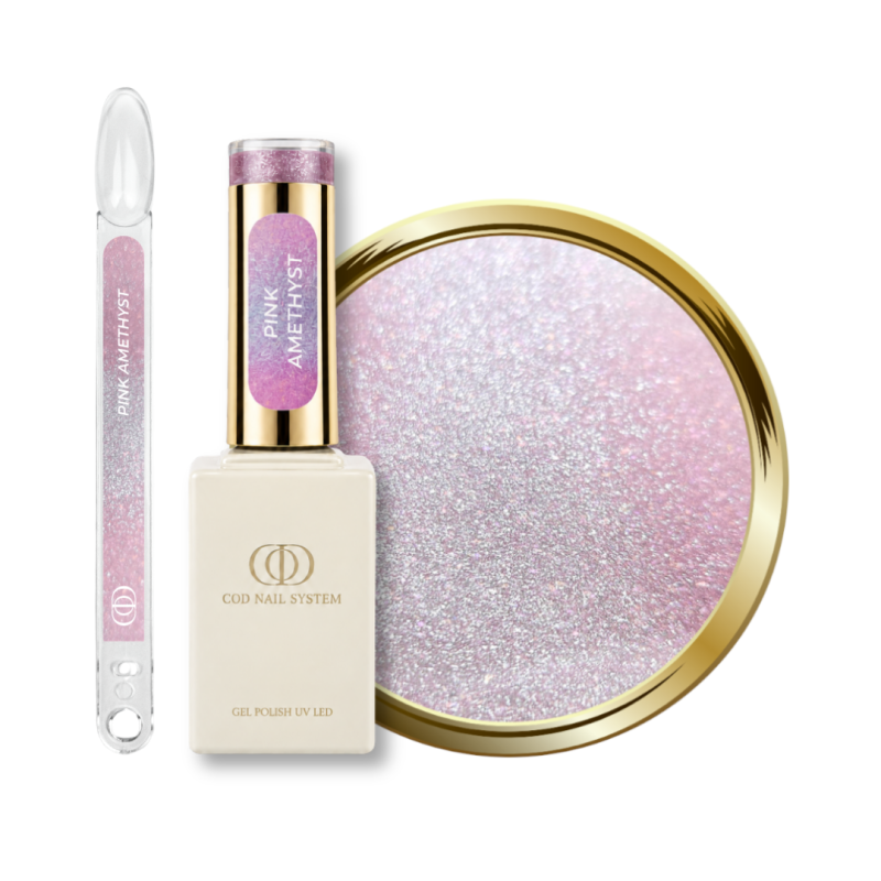 Flacon, tips et pastille du vernis semi permanent Cat Eye Pink Amethyst, pastel rose réflectif