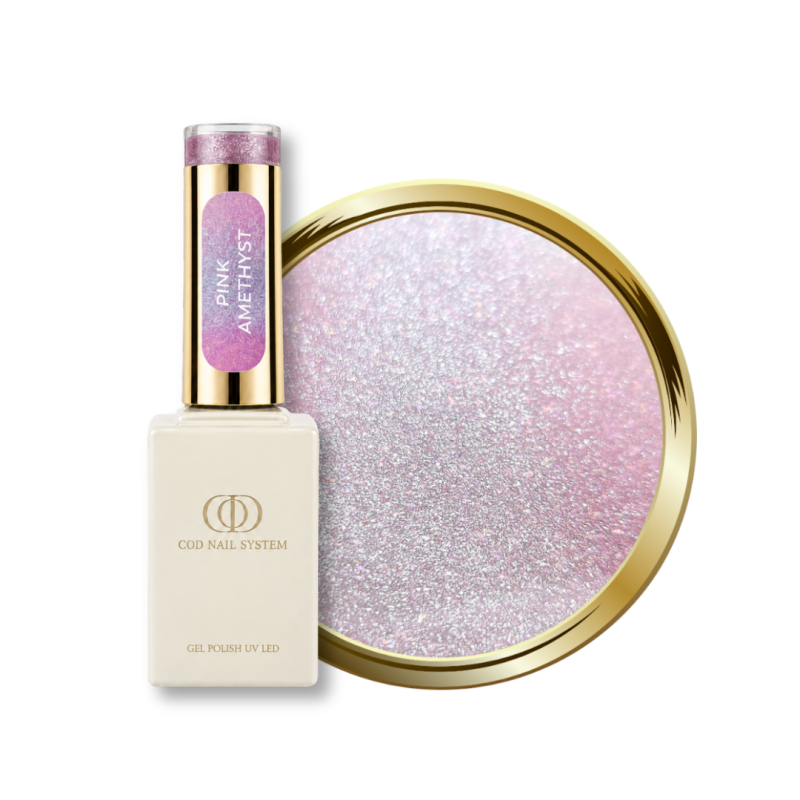 Flacon et pastille du vernis semi permanent Cat Eye Pink Amethyst, pastel rose réflectif