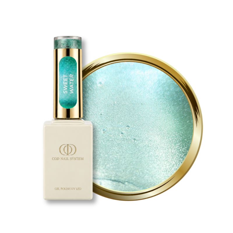 Flacon et pastille du vernis semi permanent Cat Eye Sweet Water, vert turquoise
